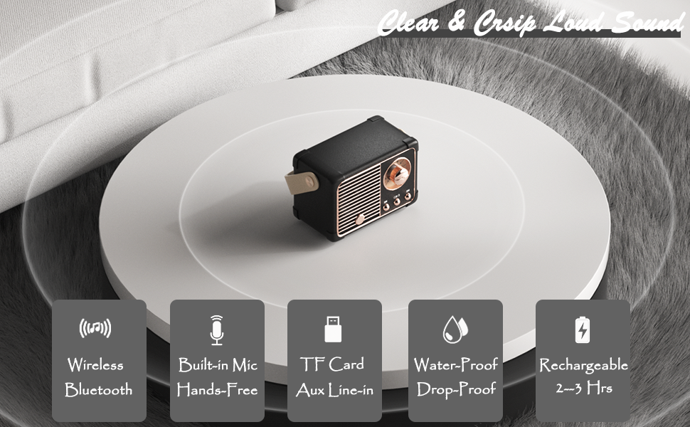 Retro Vintage Bluetooth Speaker with Built-in Mic Black 3