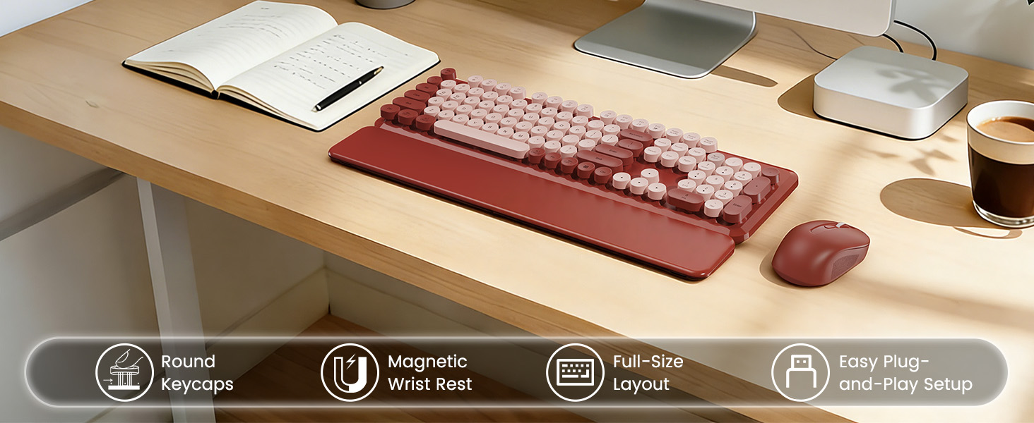 Burgundy retro keyboard and mouse with round keycaps, magnetic wrist rest, and plug-and-play setup.