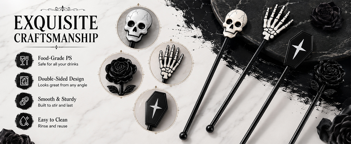 36-Piece Halloween Cocktail Stirrers, 7.1 in, 4 Gothic Designs for cocktails,punch and party bars