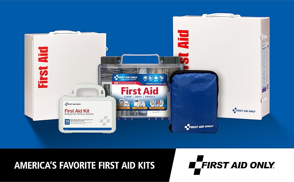 Image of multiple first aid packages with text reading first aid only.