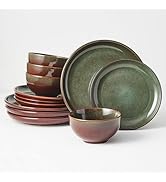 Pokini Stoneware Dinnerware Set Service for 4, 12 pcs Reactive Glaze Plates and Bowls Sets, Handm...