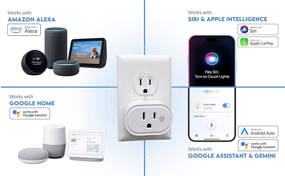 Works with Alexa, Google Home, Siri/Apple Intelligence, Google Assistant/Gemini