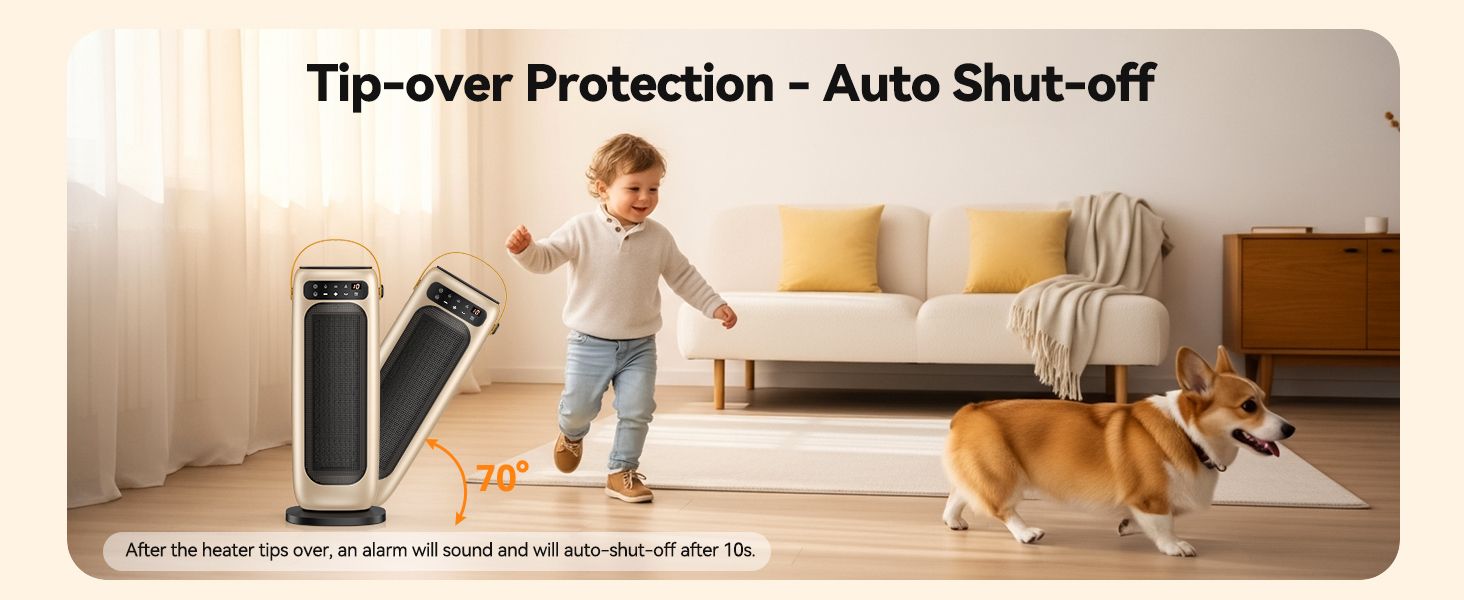 Text reads 'Tip-over Protection - Auto Shut-off'. Home scene showing child and dog in living room, demonstrating safety feature for appliance.