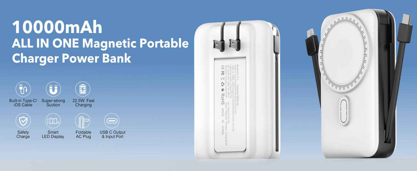 Magnetic Portable Charger Power Bank for iPhone 17/16/15 with Built-in Cables