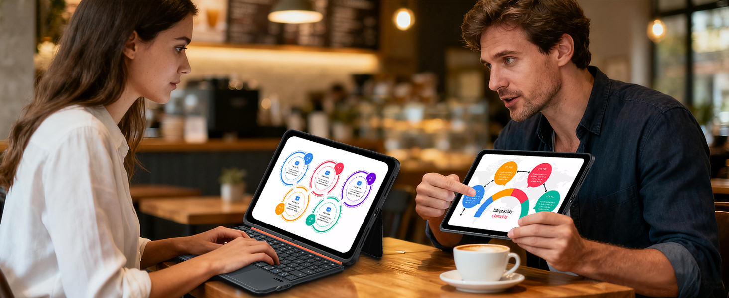 Two people sitting at table with coffee, each holding tablets displaying colorful interface designs and charts.