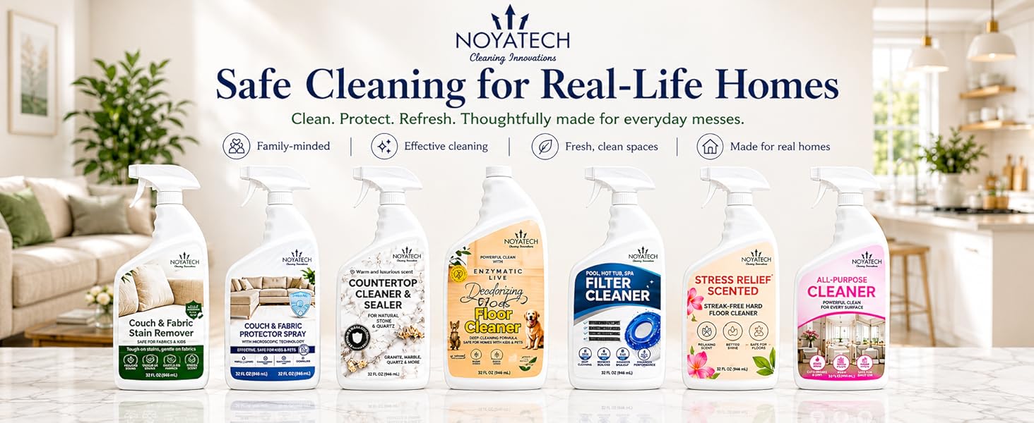 NOYATECH cleaning line with couch stain remover, floor cleaner, countertop and fabric care sprays