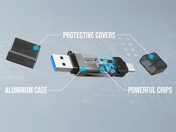 Text reads 'PROTECTIVE COVERS', 'ALUMINUM CASE', 'POWERFUL CHIPS'. Technical diagram showing components of a device with aluminum casing and protective elements.