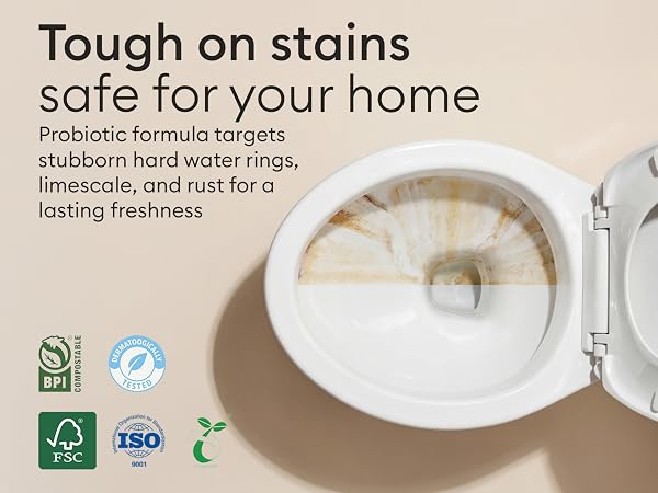 Text reads 'Tough on stains' and 'Safe for your home'. Product demonstration images showing cleaning or stain removal process with certification symbols including FSC and ISO marks.
