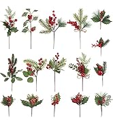 CCINEE Artificial Christmas Red Berry Picks 16 Pack Assorted Pine Berries Branches Fake Holly Ste...