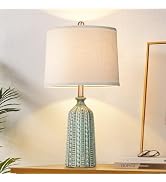 JUNNAI Green Ceramic Table Lamp 24.5": 3-Way Dimmable Nightstand Lamp with White Drum Lamp Shade ...