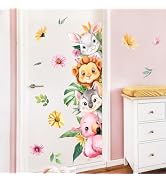 Jungle Animals Wall Decals Pink Flamingo Bear Lion Rabbit Safari Tropical Green Leaves Flowers Wa...