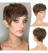 FESHFEN Short Pixie Cut Wigs Synthetic Coffee Brown Pixie Haircut Wig with Bangs Glueless Layered...