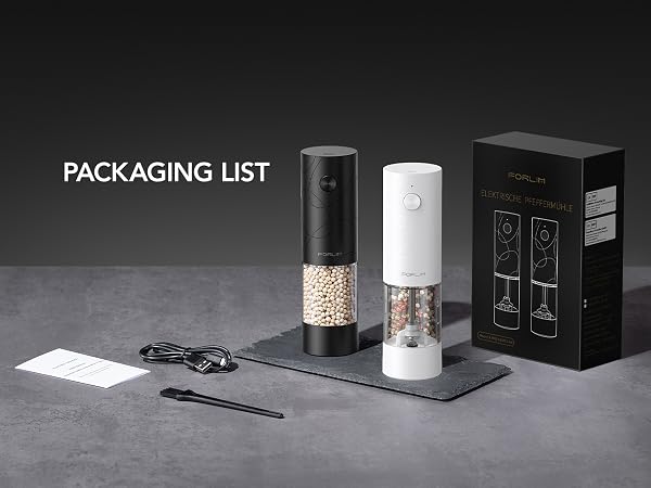 FORLIM grinder set with black and white mills, USB-C cable, cleaning brush, manual, and box