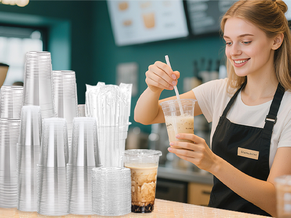 plastic cups with lids and straws