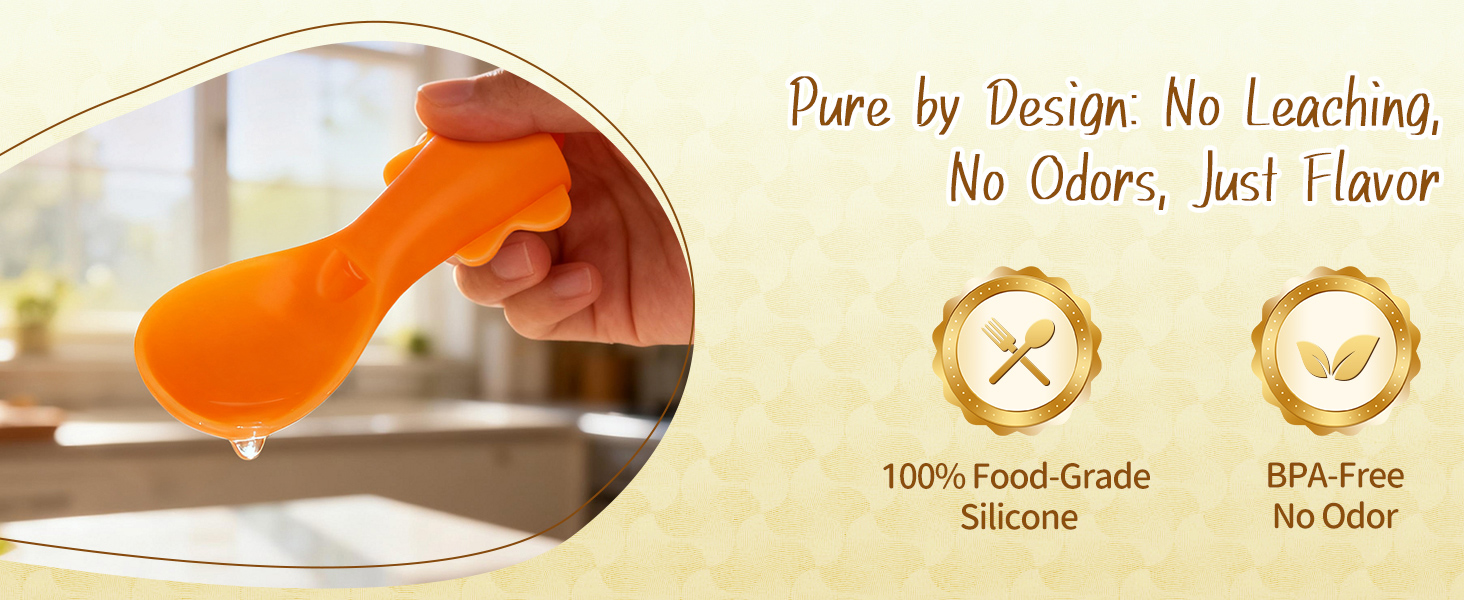 The spoon's material purity, symbolized by a pristine water droplet, ensures only pure flavor.