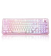 Pink mechanical gaming keyboard with RGB backlighting shown from multiple angles, featuring translucent keycaps and full-size layout.