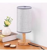 Gray Small Bedside Table Lamp for Bedroom,Natural Round Wood Base&Fabric Linen Shade,Cozy Night T...