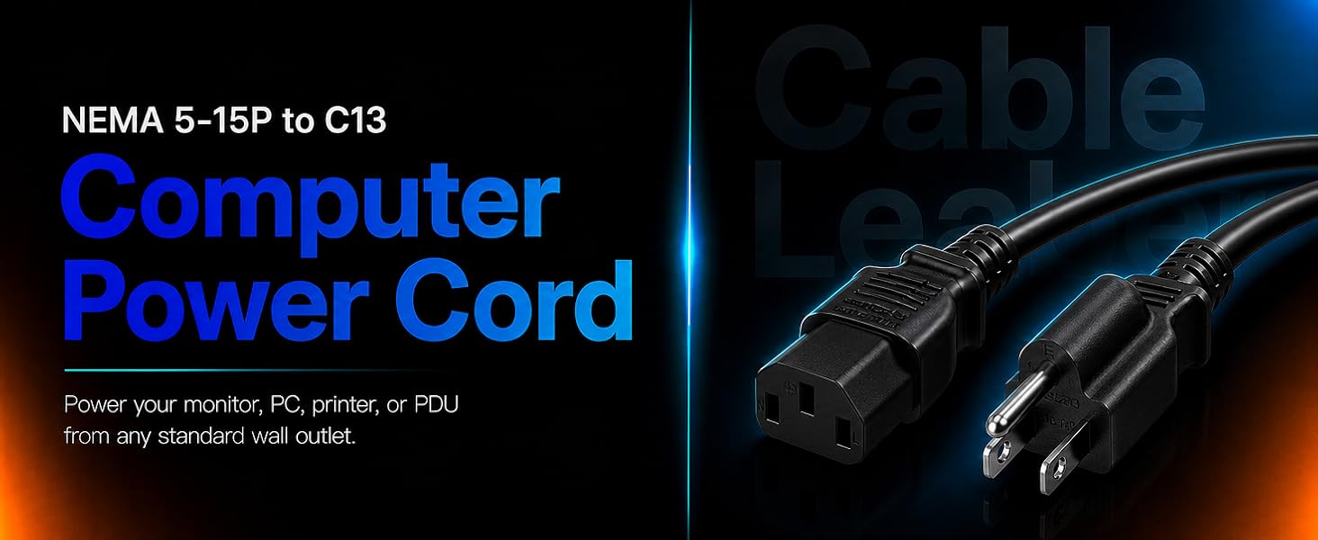 NEMA 5-15P to C13 power cord 18 AWG 10A 125V