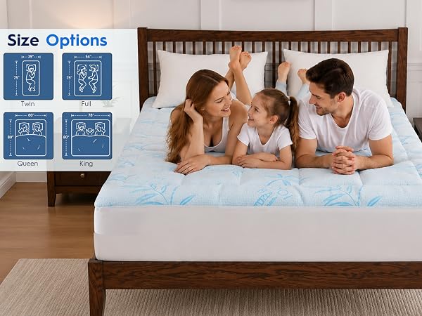 Mattress pad available in Twin, Full, Queen and King sizes for different sleep needs