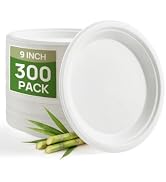 Goodluck 9 Inch Bulk Compostable Sugarcane Paper Plates 300 Pack, White | 100% FSC Certified Heav...