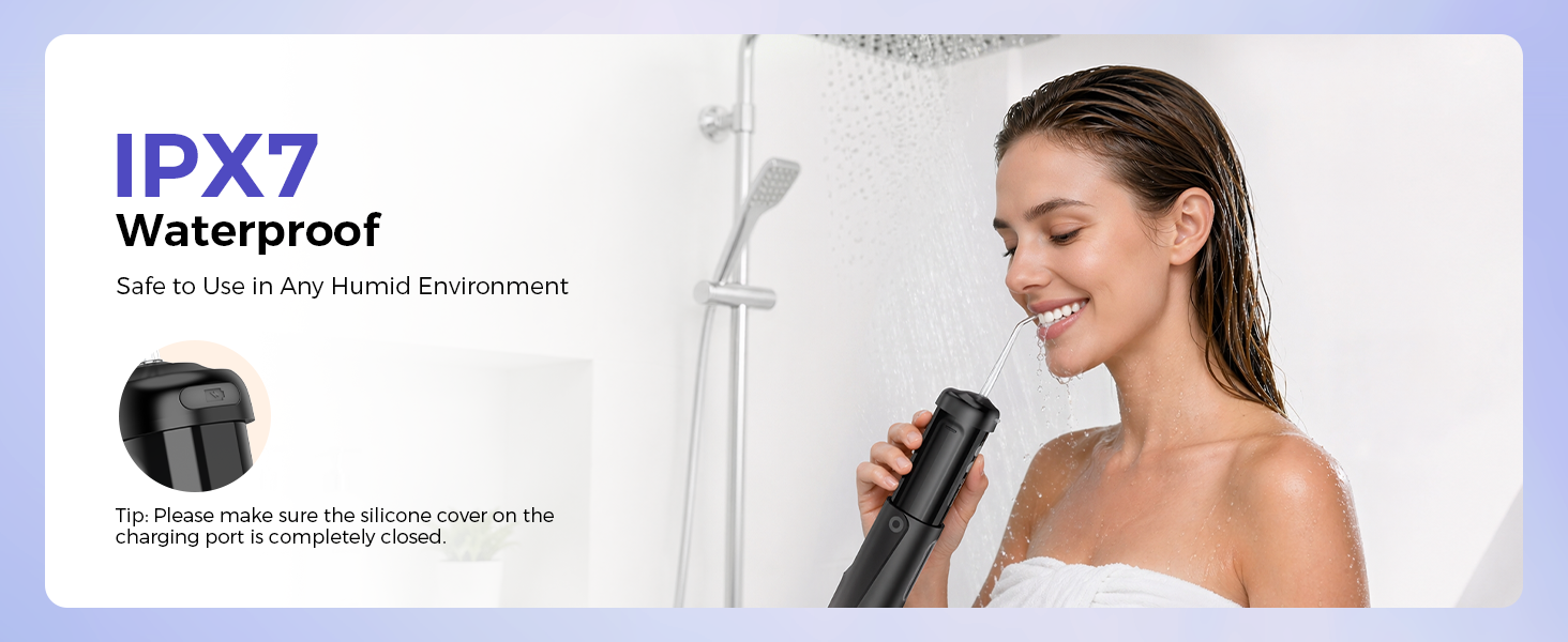 Text reads 'IPX7 Waterproof'. Image shows woman holding white handheld device against shoulder/neck area, demonstrating waterproof device usage.