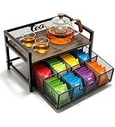 Uniqcovosa Tea Bag Organizer, Wood & Metal Tea Organizer and Storage Chest with 8 Compartments Dr...