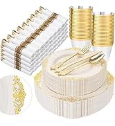 Nervure 350PCS Ivory Plastic Plates - Ivory Gold Plastic Dinnerware Sets for 50 Guests - 100 Gold...