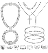 NEWITIN 15 Pieces Silver Jewelry Set for Men Stainless Steel Cuban Link Necklace Bracelet Cross P...