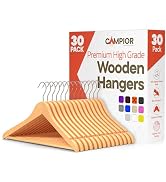 Natural Wooden Hangers 30 Pack – Heavy-Duty with 360° Swivel Hook, Non-Slip, Pants Bar & Shoulder...