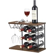 MOOACE Wine Glass Rack Free Standing Floor, Metal & Wood Countertop Wine Holder, 6 Bottles and 4 ...