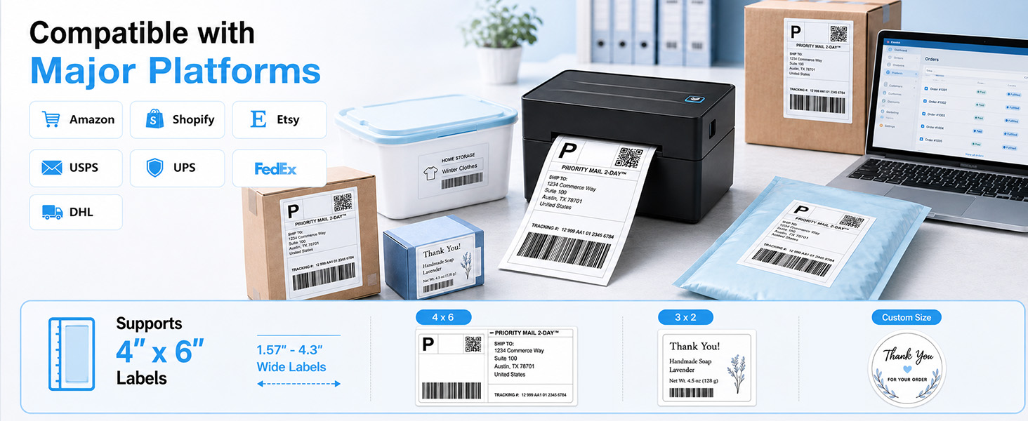 Bluetooth Thermal Shipping Label Printer 4x6 Wireless Label Maker with Tape for Small Business