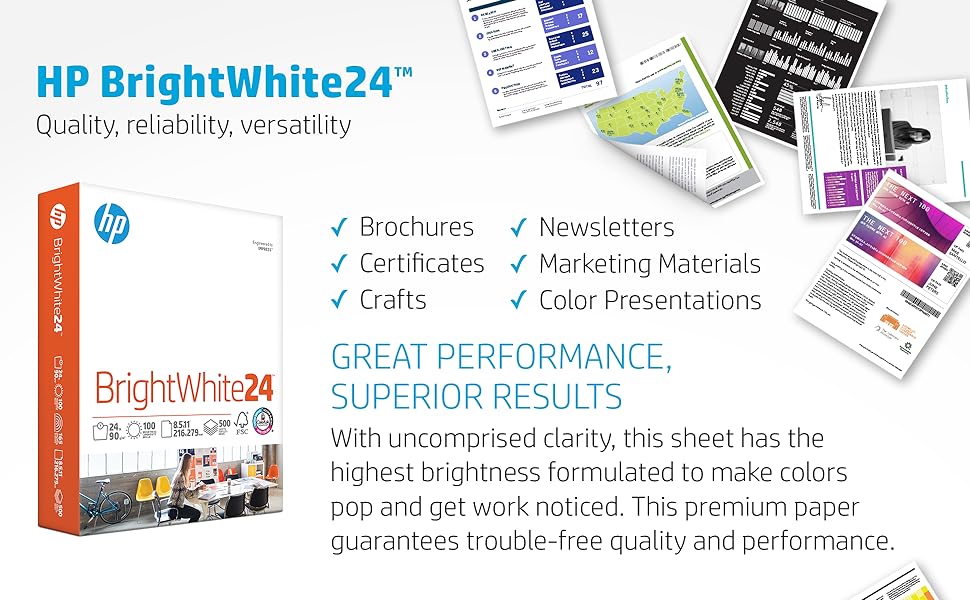 HP Bright White24 24lb copy paper, quality, reliability, versatility with print samples