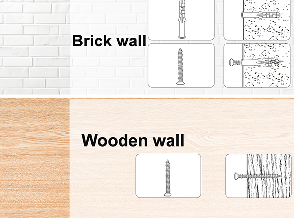 We provide enough mounting anchors for different walls, such as anchors that fit brick wall, wood