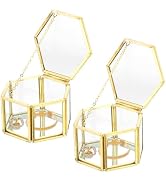 NATGAI 2 Pack Small Vintage Glass Jewelry Box with Lid, 3.1 x 1.4 x 1.8 inch Golden Geometric Rin...