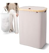 CleverMade Collapsible Laundry Hamper with Lid, Large Capacity Foldable Clothes Hamper with Bambo...