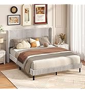 Giantex Queen Velvet Bed Frame, Upholstered Platform Bed with Vertical Tufted Wingback Headboard,...