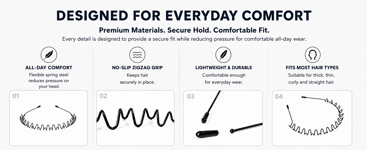 Metal headband highlighting flexible spring steel, zigzag grip and lightweight design.