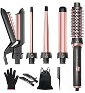 Curling Iron Set, 5 in 1 Multi Curling Wand Set with A Thermal Brush,A Beach Waves Curling Wand a...