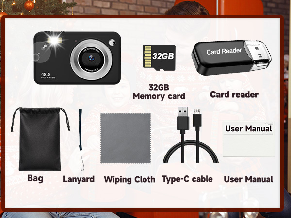 Text reads "32GB", "Card reader", "User Manual", "Bag", "Lanyard", "Wiping Cloth", "Type-C cable". Product bundle contents layout showing camera accessories and components.