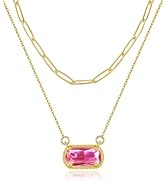 Lourny Gemstone Birthstone Pendant Layered Necklace for Women Trendy, 18K Gold Plated Paperclip C...