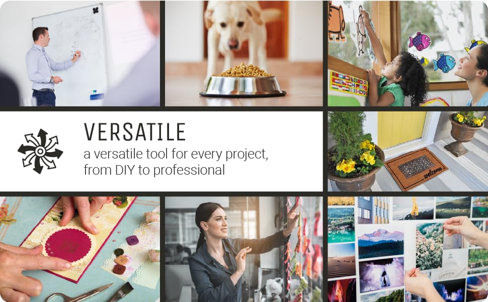 Various uses for tape; text reads, “Versatile tool for every project — from DIY to professional.”
