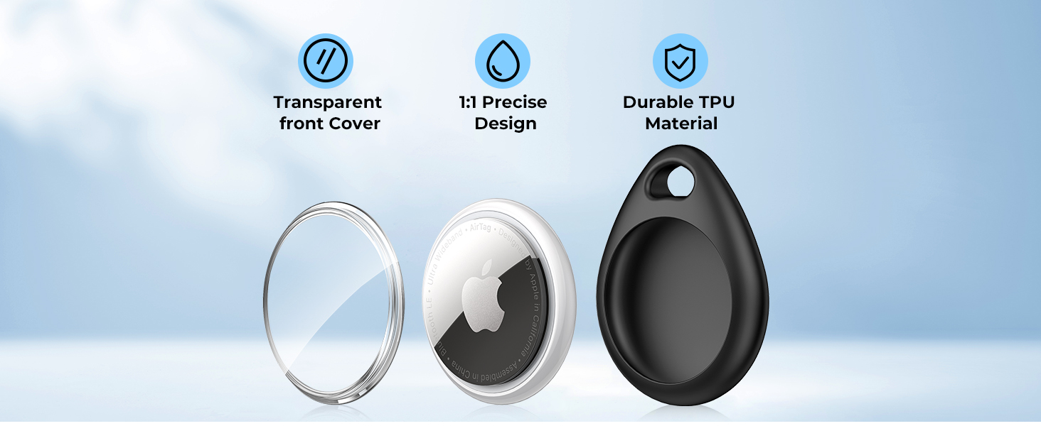 Three components of a tracking device: transparent front cover, white circular design with Apple logo, and black teardrop-shaped back cover. Icons indicate transparent cover, precise design, and durable TPU material.