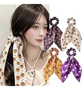 4Pcs Halloween Hair Scrunchies Set, Pumpkin Ghost Pattern Satin Hair Ties with Long Ribbon, Vampi...