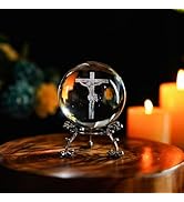 ZEERSHEE 60mm 3D Glass Laser Etched Cross Crystal Ball with Stand Jesus Crucifixion Scene Figurin...
