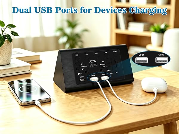 clock with usb charging ports