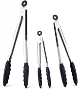 Kitchen Tongs Set of 3, Black Cooking Tongs with Silicone Tips, Non-Stick Non-Scratch Heat Resist...