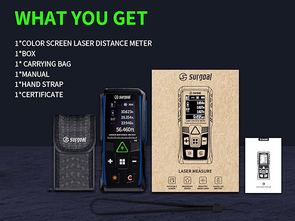 what you get? laser meters,carrying bag, manual, batteries, hand strap,certificate and box.