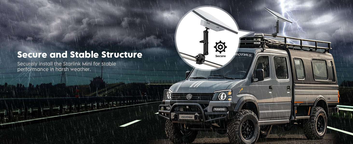 Text reads: 'Secure and Stable Structure' with grey expedition-style van shown against dramatic stormy sky background.