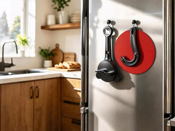 Space-saving magnetic fridge storage for jar opener set, clutter-free kitchen organization hooks.