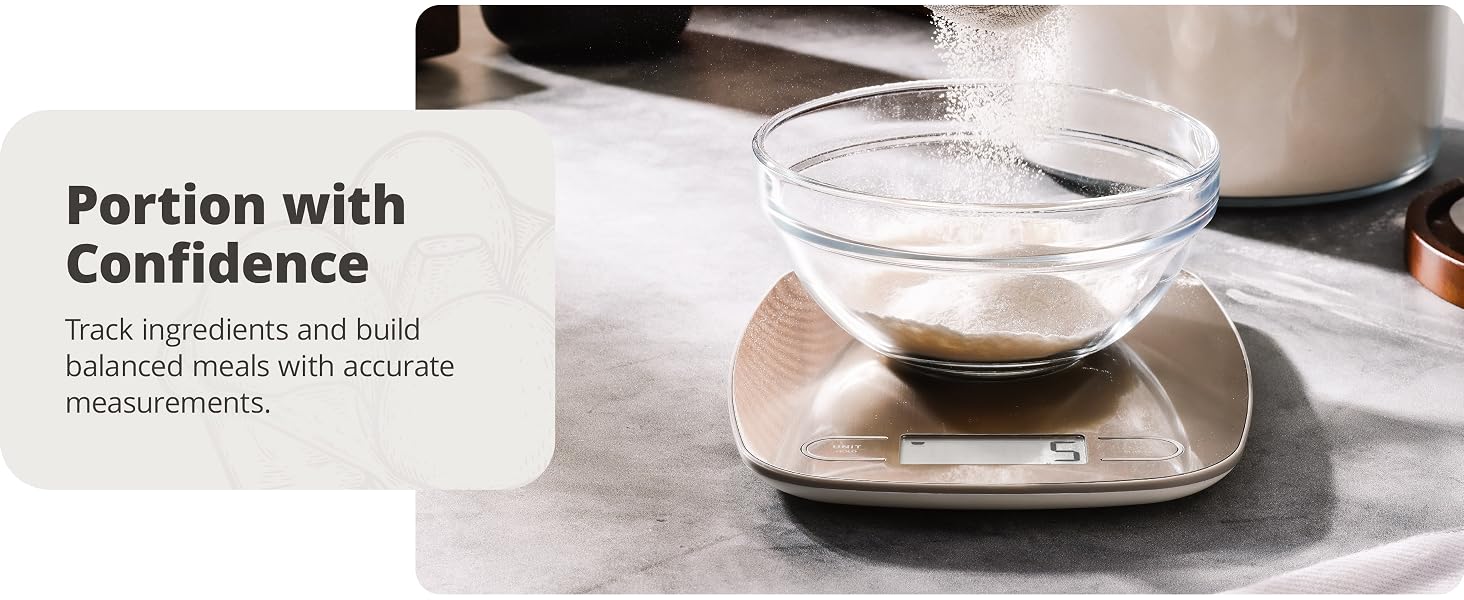 greater goods stainless steel kitchen scale on marble counter weighing bowl of powder sugar